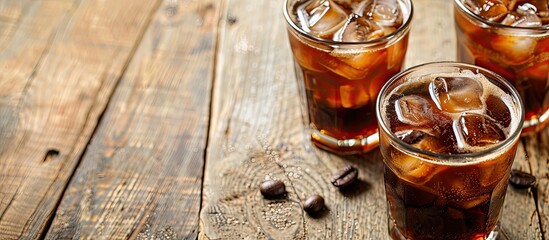 Aufkleber - Wooden table topped with glasses of tasty iced coffee with copy space image