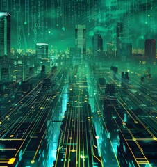 Futuristic Smart Cyber City illustration: Innovative Urban Landscape in Digital Circuitry, futuristic technology concept, Graphic Resources, Wallpapers, Brochure, Websites, banner design, Advertising,