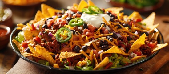 Aufkleber - Classic Tex Mex or Mexican restaurant menu item featuring a mix of nachos crispy chips cheddar cheese salsa meat black beans jalapenos guacamole sour cream and lettuce with a variety of toppings pres