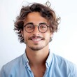 © furyon - charismatic young man with tousled brunette hair and stylish glasses confident smile against pure white backdrop casual blue shirt exuding approachable professionalism