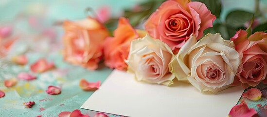 Fototapete - Fresh roses arranged decoratively on a color background with an empty white paper sheet for text providing a floral visual with plentiful copy space image