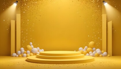 A golden podium surrounded by confetti against a yellow background