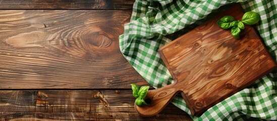 Poster - Wooden table with a green tablecloth and a cutting board mockup ideal for online presentations with copy space image
