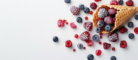 Aufkleber - Frozen berries spill from a waffle ice cream cone on a white backdrop embodying a summer theme with copy space image