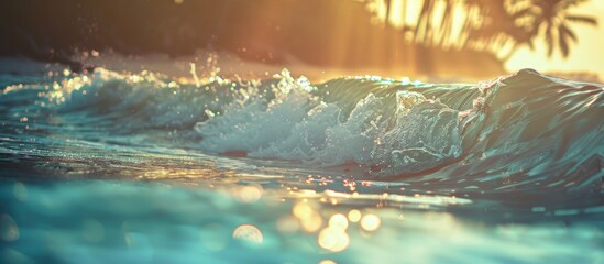 Poster - Tropical beach with sunlit waves creating an abstract background perfect as a copy space image for summer vacation and travel themes with a vintage filter