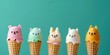 © patpongstock - Ice cream cones decorated as animal faces, animal face food, playful dessert