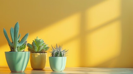 Cactus and succulent plants on table with copy space