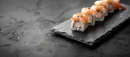 Fototapete - Traditional Japanese sushi rolls featuring succulent shrimp and creamy Philadelphia cheese elegantly presented on a black stone plate with copy space image