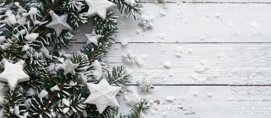 Leinwandbilder - Snow covered Christmas tree with silver stars on a white wooden backdrop forming a winter frame with available copy space image