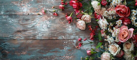 Aufkleber - Floral summer blooms set against a weathered wooden backdrop with copy space image