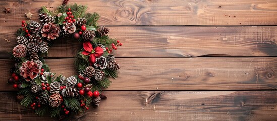 Poster - Top view of a Christmas wreath decoration on a wooden background with copy space image