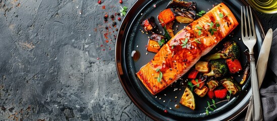 Aufkleber - Top view of a grilled salmon fillet in teriyaki sauce alongside roasted vegetables on a plate with cutlery on a rustic concrete background with copy space image