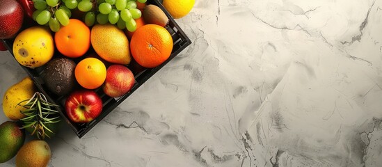 Aufkleber - Light grey table with an assortment of exotic fruits in a crate seen from above ideal for adding text Great copy space image