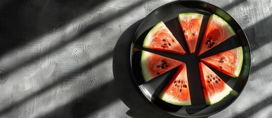 Poster - Top down view of fresh watermelon slices on a dark plate against a concrete backdrop with sunlight casting summer shadows providing an area for additional text or images