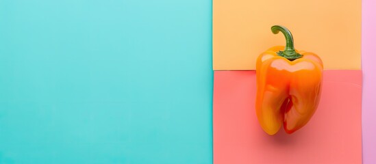 Leinwandbilder - Minimal style flat lay fashion concept featuring an orange pepper on a pastel color background with a trendy colorful copy space image