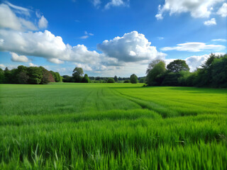 field and sky, grass, green, meadow, nature, tree, summer, cloud, blue, rural, spring, clouds, horizon, agriculture