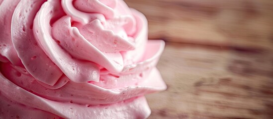 Poster - Close up pink meringue on a wooden background with copy space image