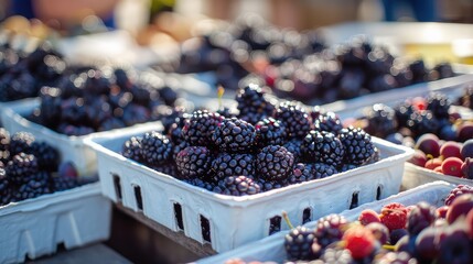 Wall Mural - Blackberries in boxes on the store counter. Selective focus.