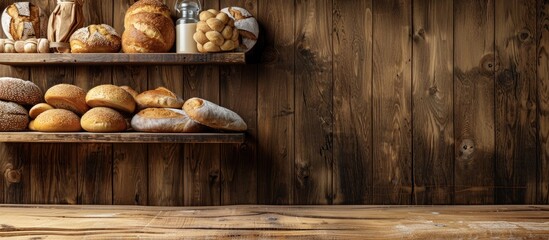 Leinwandbilder - Traditional bakery concept with fresh tasty bread displayed on a wooden shelf emphasizing a healthy food option with a rustic charm and copy space image