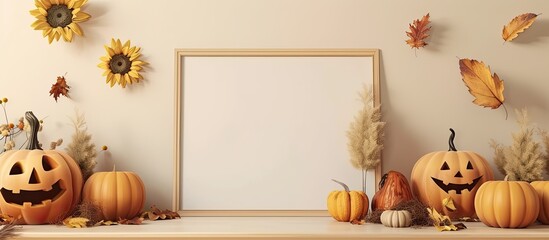 Poster - Halloween themed mockup featuring pumpkins sunflowers and dry leaves arranged around a blank picture frame on a beige wall as copy space image
