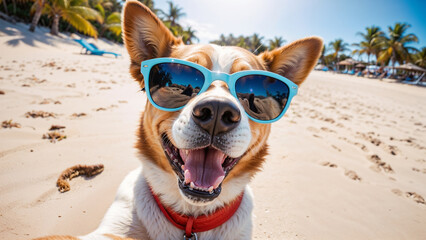 Wall Mural - Happy dog on on vacation wearing sunglasses takes a selfie on the beach