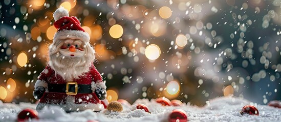 Aufkleber - Santa Claus toy figure in the snow with a Christmas tree in the background conveying a Winter and New Year theme with copy space image
