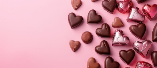 Poster - Valentine s Day themed flat lay with heart shaped chocolates on a pink backdrop offering ample copy space image Happy Valentine s Day