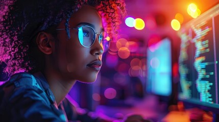 Focused woman with glasses coding on computer in vibrant neon-lit room, representing technology, programming, and cybersecurity.