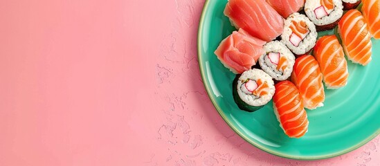 Fototapete - Valentine s Day themed sushi set on a green plate against a pink background ideal for food concepts with copy space image for text in a flatlay composition