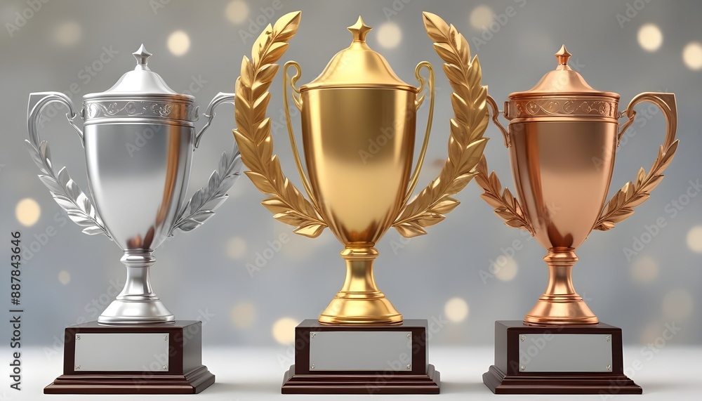 Three golden trophies with laurel wreaths, representing first, second ...