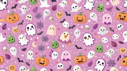 Wall Mural - Seamless pattern with a cute Halloween ghost with different characters on a pink background