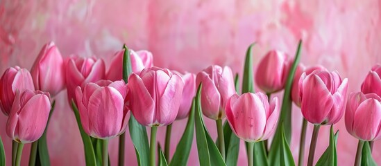 Fototapete - A greeting card with pink tulips suitable for various occasions like birthdays Easter Women s Day Mother s Day It features a floral backdrop with ample copy space image for text perfect for the sprin