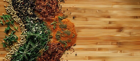 Wall Mural - Wooden surface displaying a Yin Yang formation of spices and herbs ideal for cooking with ample copy space in the image