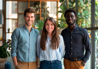 Three smiling young professionals standing together in a modern office with plants. Teamwork and diversity concept