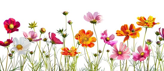 Aufkleber - Vivid cosmos flowers with green stems bloom in a meadow offering a beautiful and colorful display against a white backdrop perfect for a copy space image