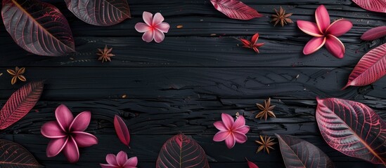 Fototapete - Pink flowers and leaves creatively arranged on a black wooden background in a flat lay style emphasizing a nature concept with copy space image