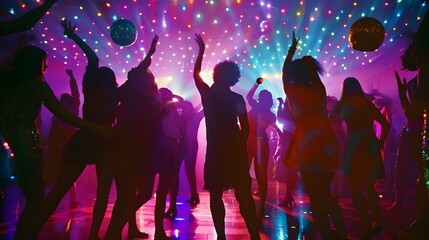 Vibrant disco party scene with colorful lights and dancing silhouettes. Perfect for nightlife, music events, and celebration themes.