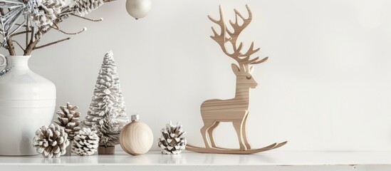 Canvas Print - Winter themed home office decor featuring a plywood toy deer skiing on a tree cut ornament against a white wall with a white work desk creating a cozy still life with room for copy space image