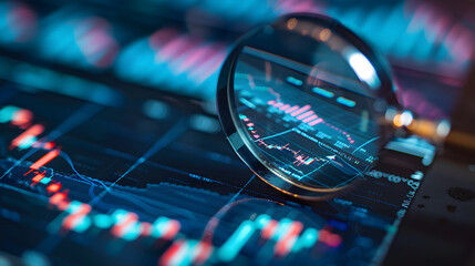 Wall Mural - magnifying glass on a computer screen examine graph or charts. scientific business analytical analys