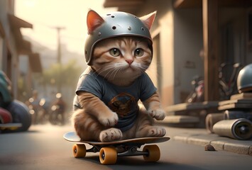 sporty teenage cat rides a skateboard, plays sports