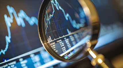 Wall Mural - magnifying glass on a computer screen examine graph or charts. scientific business analytical analys