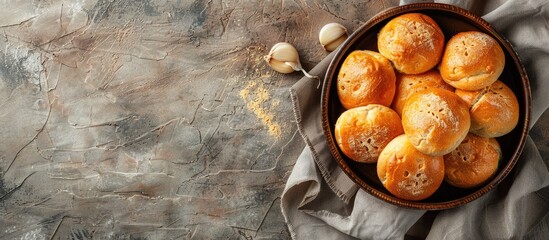 Aufkleber - Top down view of Ukrainian garlic pampushka bread with ample copy space image available