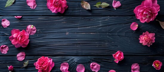 Fototapete - Pink flowers and leaves creatively arranged on a black wooden background in a flat lay style emphasizing a nature concept with copy space image