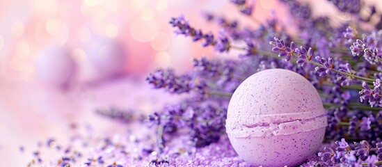 Leinwandbilder - Colorful background highlighting a lavender bath bomb with copy space image