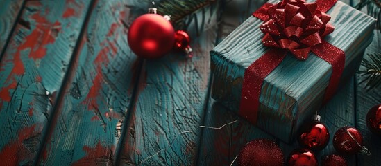 Poster - Festive Christmas gift box displayed on a wooden surface with red ornaments offering an ideal copy space image