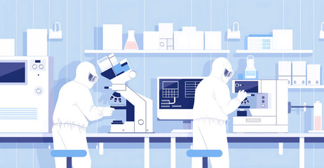 Canvas Print - Illustration of scientists in protective suits working with microscopes and lab equipment in a modern laboratory setting.