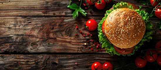 Wall Mural - Chicken burger with lettuce and tomatoes perfect for food advertisements with copy space image