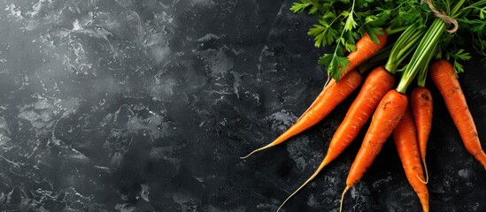 Aufkleber - A bunch of fresh carrots on a dark stone background with space for text or images Top down view ideal for food related concepts. with copy space image. Place for adding text or design