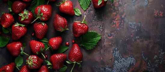 Wall Mural - Background of fresh juicy strawberries with leaves creating a vibrant copy space image