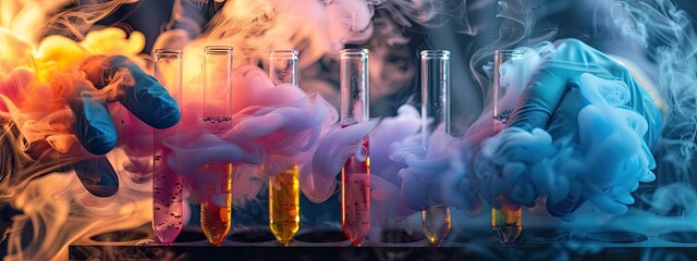 multi-colored test tubes with smoke and hands. Selective focus.